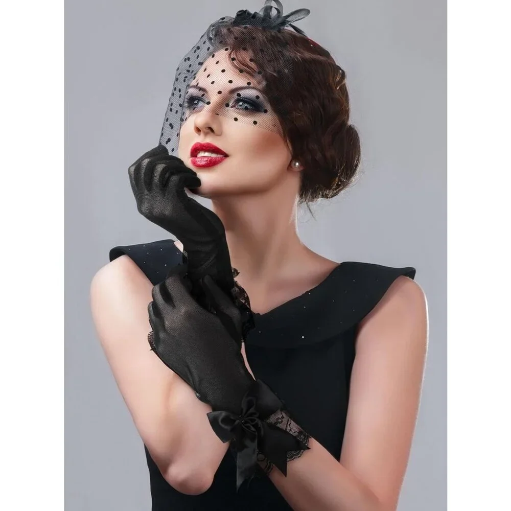 Women's Evening Black Elegant Short Lace Bow Gloves Party Wedding Accessories